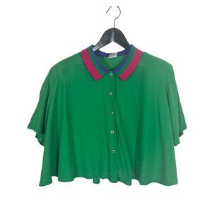 Vintage 90s Green Collared Button Up Crop Boxy Top Medium